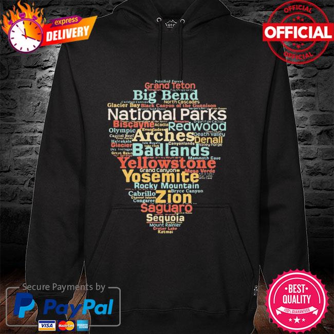 National parks list word cloud camping hiking hoodie