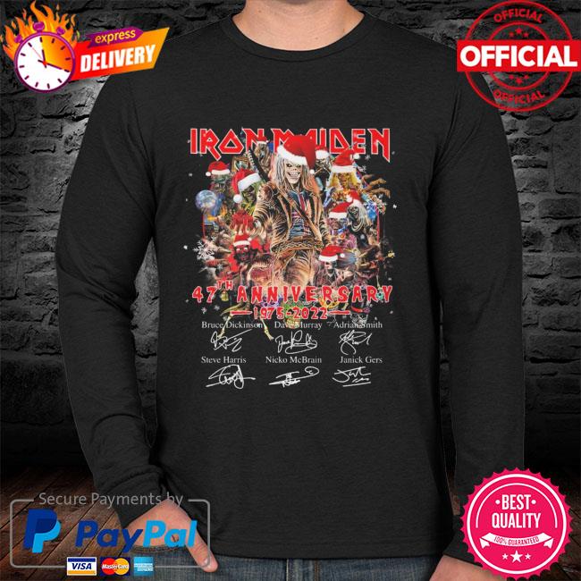 Iron Maiden Christmas Card 2022 Santa Iron Maiden 47Th Anniversary 1975 2022 Thank You For The Memories  Signatures Christmas Sweater, Hoodie, Sweater, Long Sleeve And Tank Top